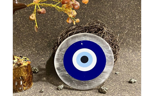 Selenite Plate with Evil Eye